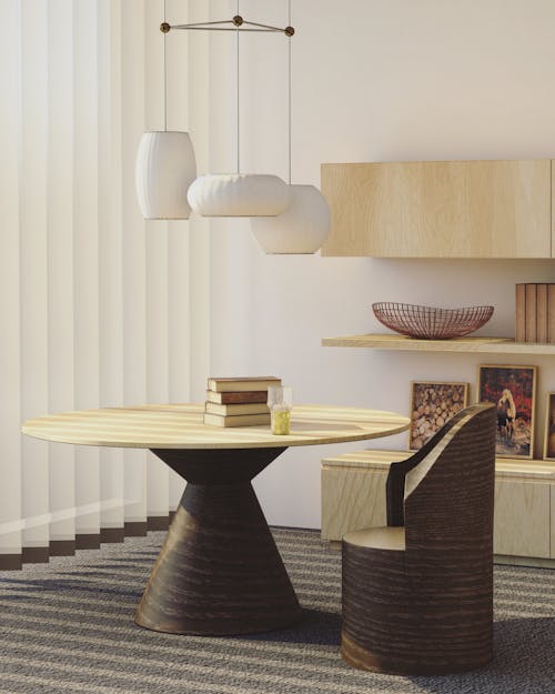 Round Beige and Brown Wooden Table and Chair