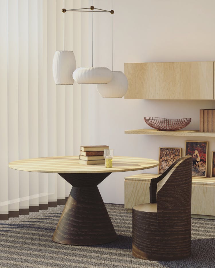 Round Beige And Brown Wooden Table And Chair