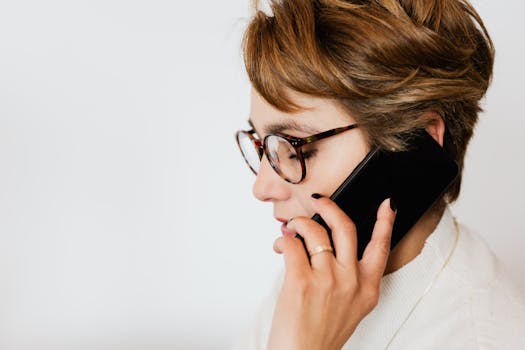 Side view of a focused professional woman wearing glasses, talking on a smartphone.