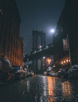 曼哈顿大桥的夜景，纽约潮湿的鹅卵石街道，展现了这座城市的建筑风貌