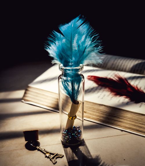 Free Blue feather in glass bottle arranged on shabby table with old opened book Stock Photo