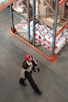 Warehouse worker walking among shelves stocked with packages and containers, captured from a high angle.
