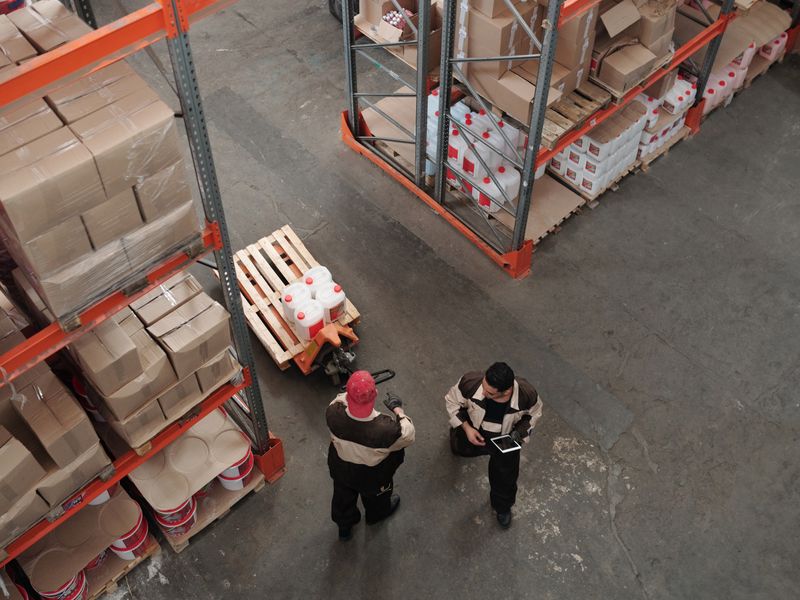 energy audit specialist measuring warehouse lighting levels with a meter