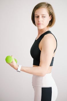 女运动员穿着运动服在室内举起哑铃，倡导健康的生活方式