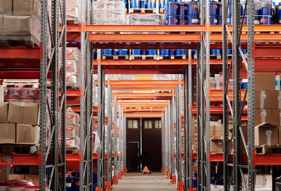 Warehouse shelves with pallet storage racks