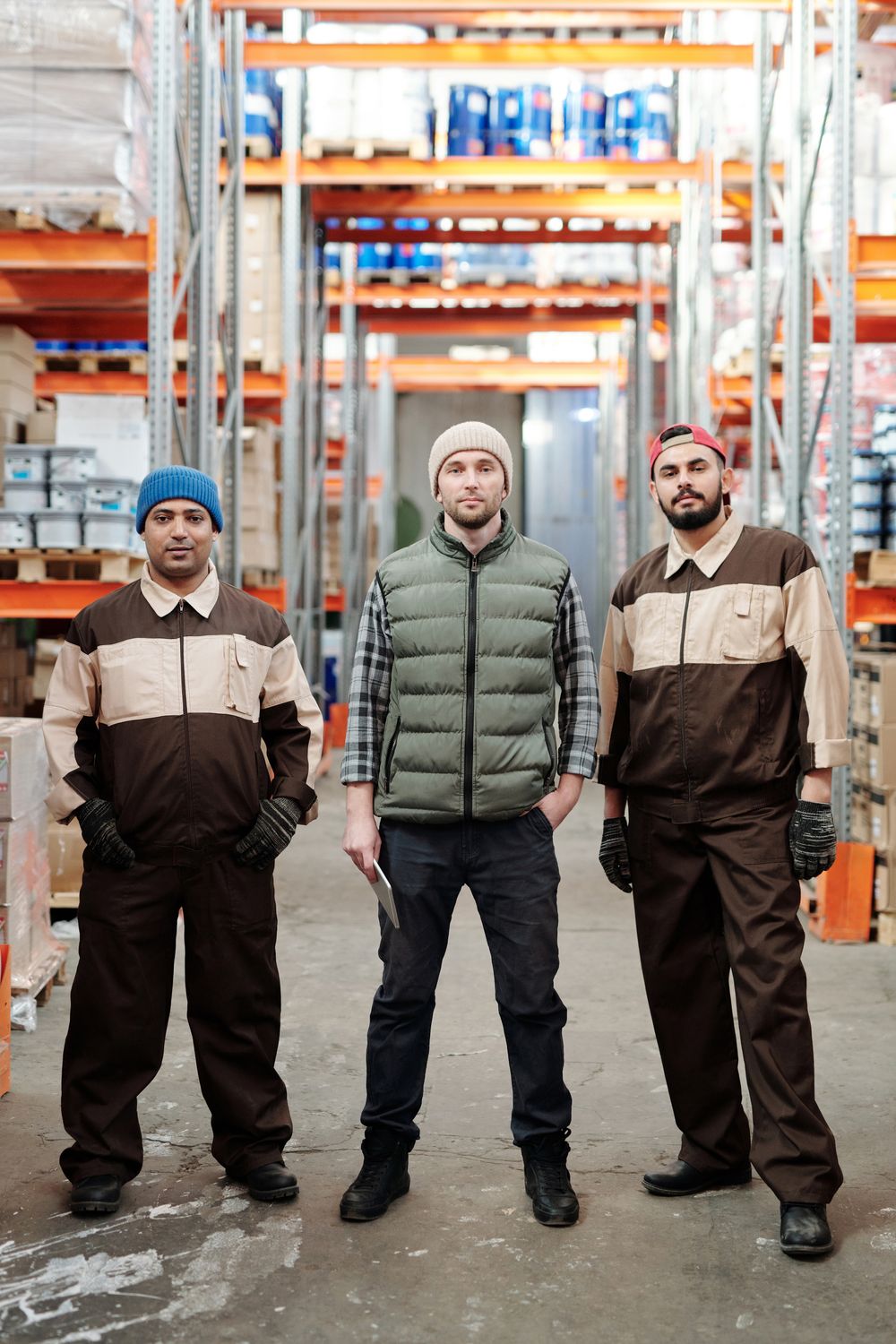 Warehouse workers in an organized pharmaceutical storage facility
