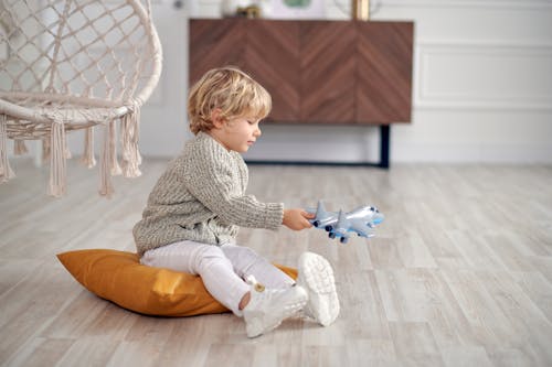 Boy in Gray Sweater Holding Toy Plane