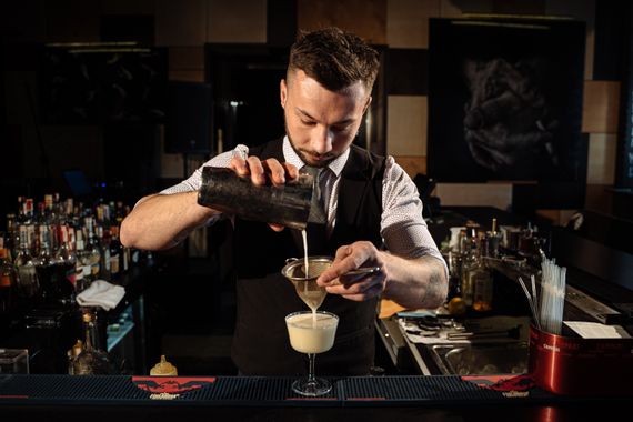 Bartender preparando coquetel com água tônica