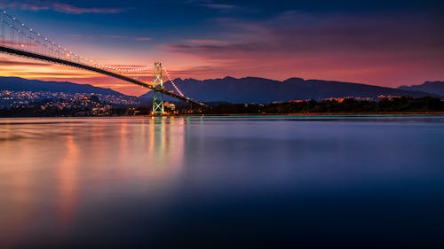 Amazing sundown scenery with Lions Gate Bridge over Burrard Inlet against cloudy blue sky and mountains