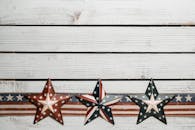 Top view of bright American decor with striped ribbons and stars representing purity and valor