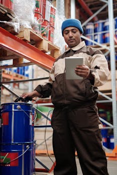 Man in warehouse using digital tablet to manage inventory. Indoor workplace shot.