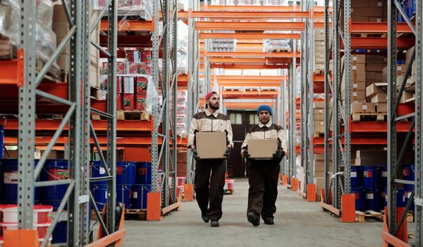 Warehouse workers receiving parcels for fulfillment cost calculation