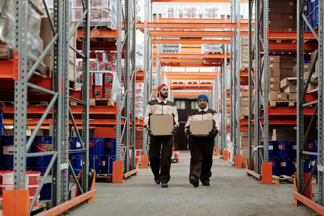 Organised warehouse staff carrying boxed stock