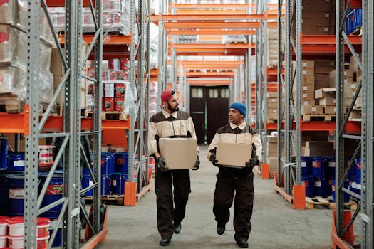 Two workers carrying boxes in a warehouse aisle, engaged in logistics