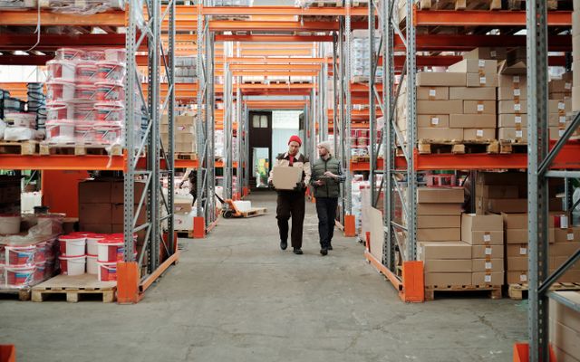 Staff working between racks in a warehouse