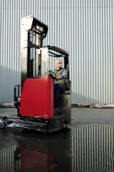 Blurred forklift operator driving outside a warehouse. Captures motion and industrial work.