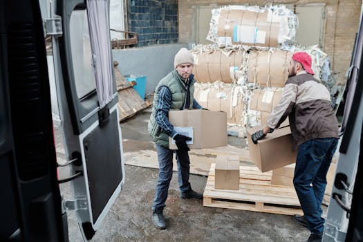 Two adult male workers loading cardboard boxes into a delivery van at an industrial site.
