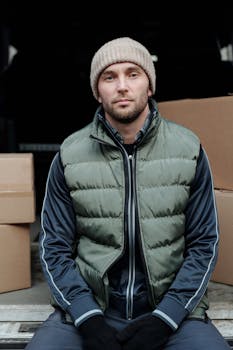 Man in puffer vest seated in a warehouse setting with boxes.