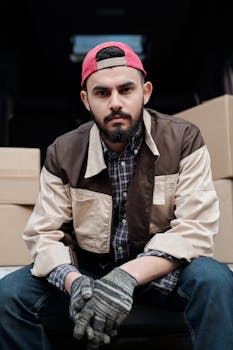 一名送货员穿着休闲工作服，坐在一辆被纸板箱包围的货车里