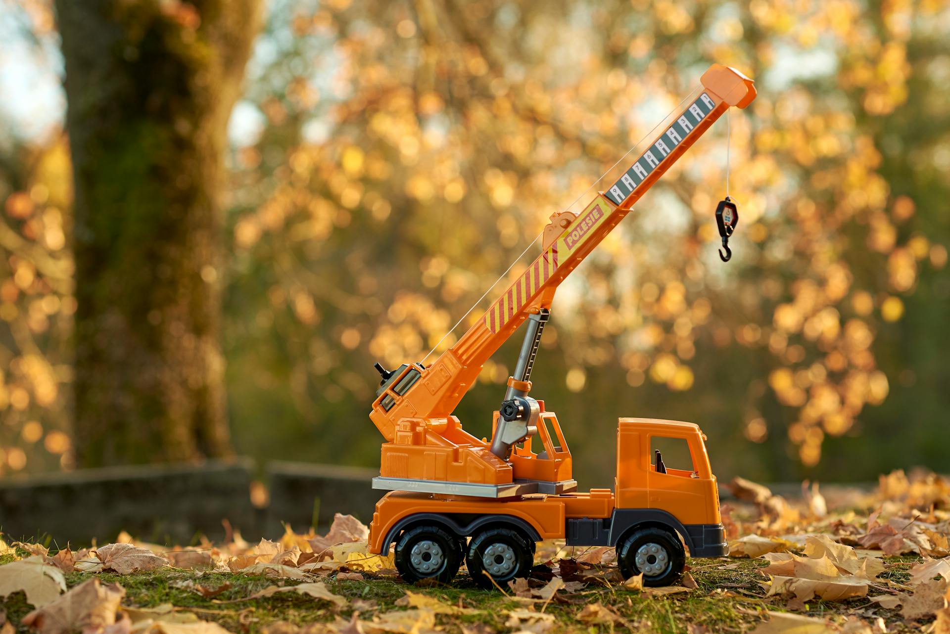 Plastic Construction Truck Toy on Autumn Ground