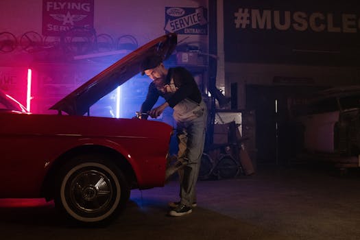 A mechanic working on a vintage car in a garage with colorful neon lights.
