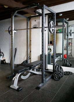 A home gym setup featuring a weight bench, barbell, and mirror for fitness training.