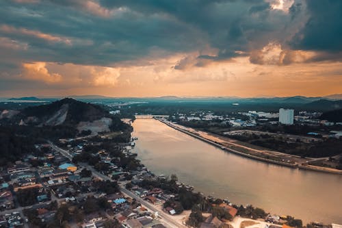 Amazing sunset over river and city