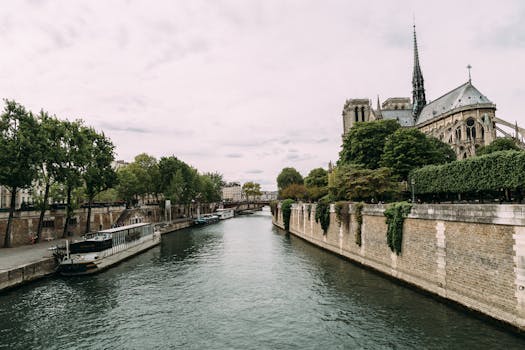 巴黎圣母院坐落在塞纳河畔，展现了哥特式建筑与郁郁葱葱的绿化景观