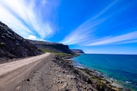 一条土路沿着岩石海岸线蜿蜒，风景优美，天空蔚蓝