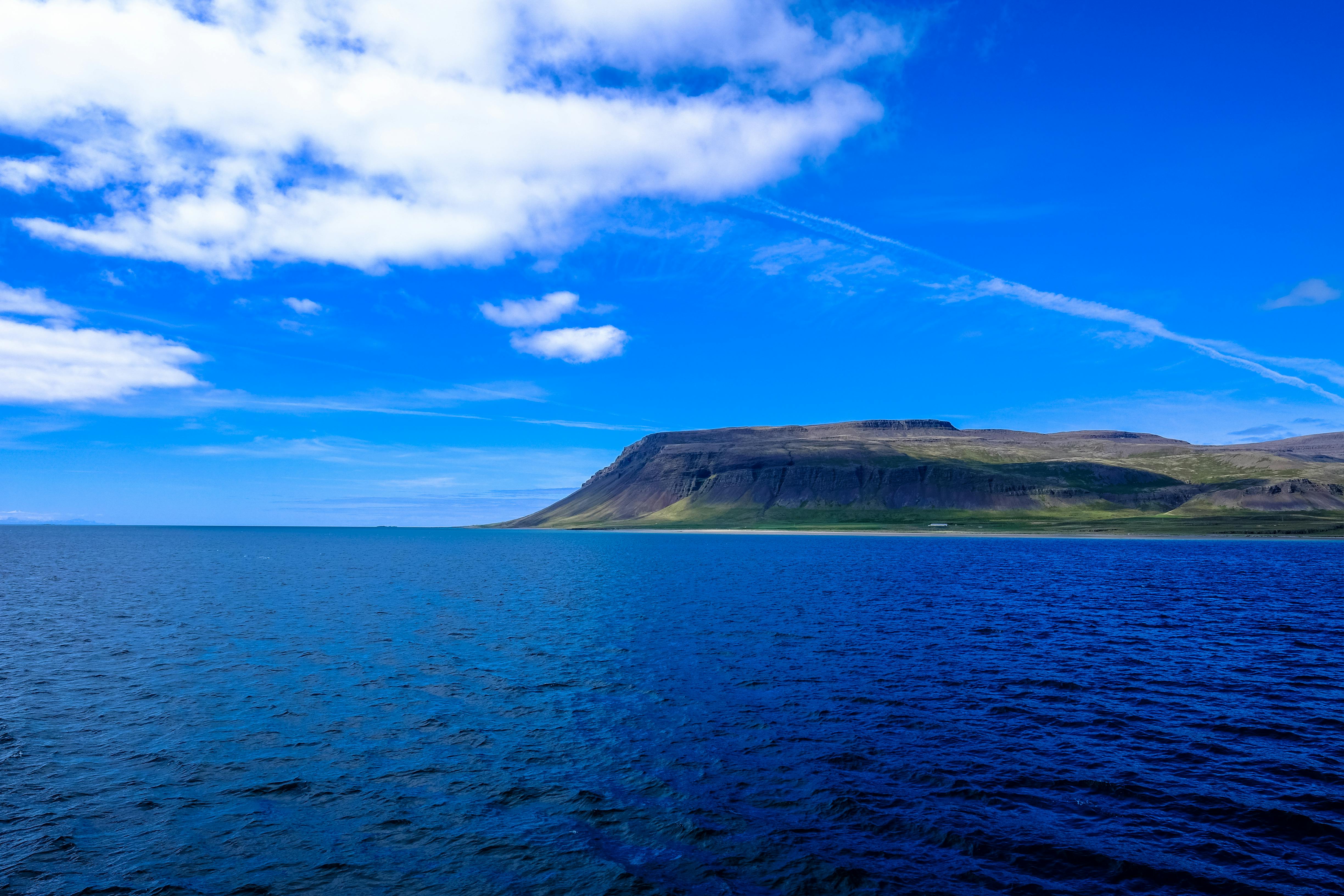 在日光下，沿海景观与明亮的蓝天和海洋展现出广阔视野