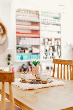 A warm and inviting wooden table with decor in a bright and modern home kitchen.