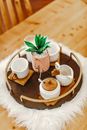 Tea set served on round tray