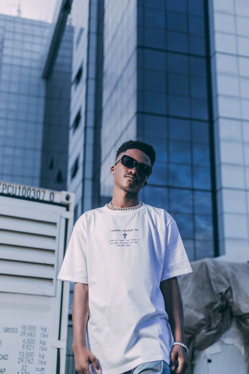 Free From below arrogant young African American male in cool outfit standing against contemporary glass skyscrapers in big city center Stock Photo