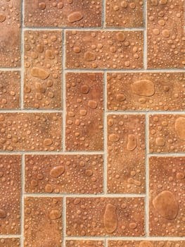 Close-up of wet brick tiles with water droplets, showcasing a textured pattern ideal for backgrounds.