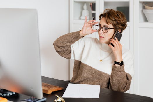 Serious good looking woman in glasses talking on smartphone and looking at computer screen with pen in hand and sheet of paper on desk