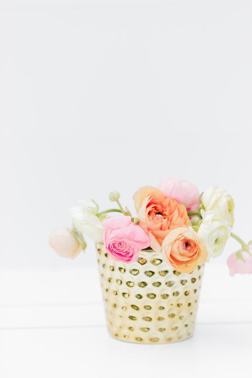 Birthday Bouquet of Colourful Flowers in White and Gold Basket
