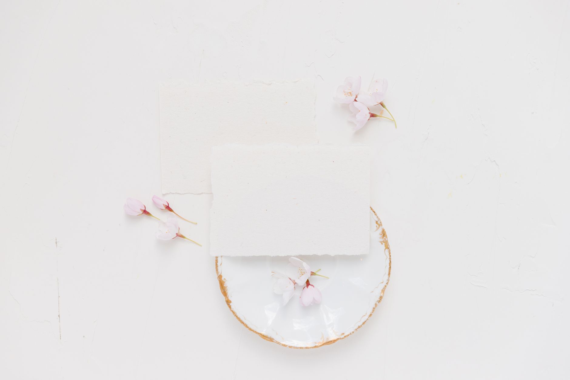 Delicate cherry blossoms on blank cards and ceramic plate in a soft minimalist flat lay.