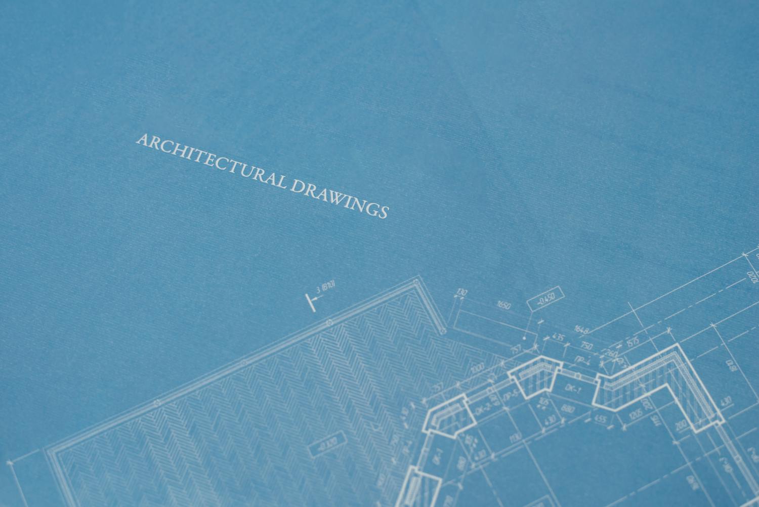 Architectural blueprint with technical drawings
