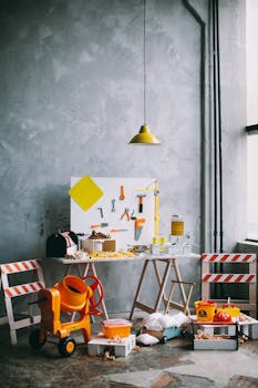 Vibrant indoor setup featuring toy construction tools and equipment for children.