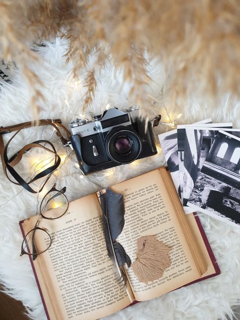 Top view of opened old book with herbarium arranged with vintage photo camera and pictures placed on warm white fur carpet with garlands