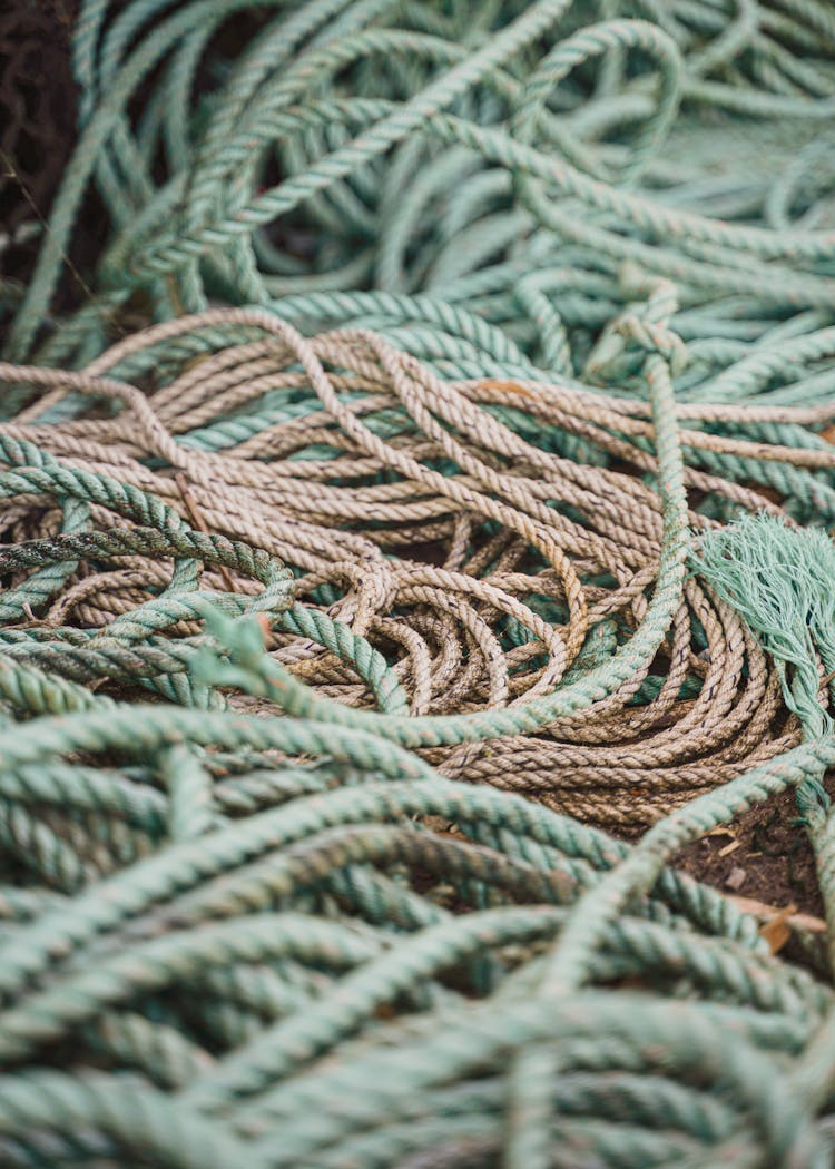 Tangled Wicker Mooring Ropes In Ship