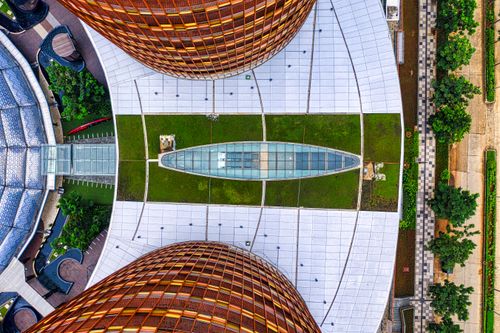 Free Aerial view showcasing modern architecture in Jakarta, Indonesia with symmetrical design. Stock Photo