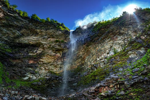 阳光透过树木，雄伟的瀑布从岩石悬崖上倾泻而下