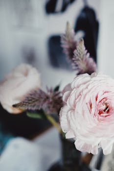 A delicate bouquet of pink roses in a vase with a soft, romantic atmosphere.
