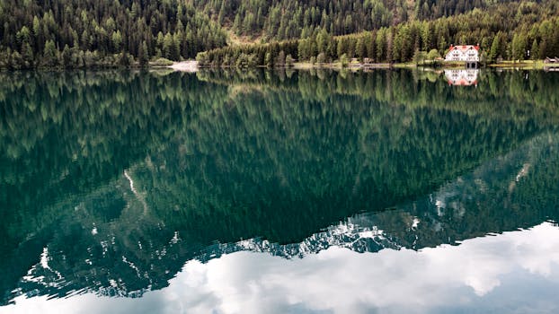 宁静的山间湖泊旁有一所房子，四周树木郁郁葱葱，倒映在平静的水面上