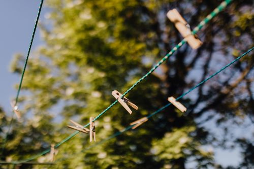 Free From below of wooden clothespins hanging on ropes for linen under green branches of trees on sunny summer day Stock Photo