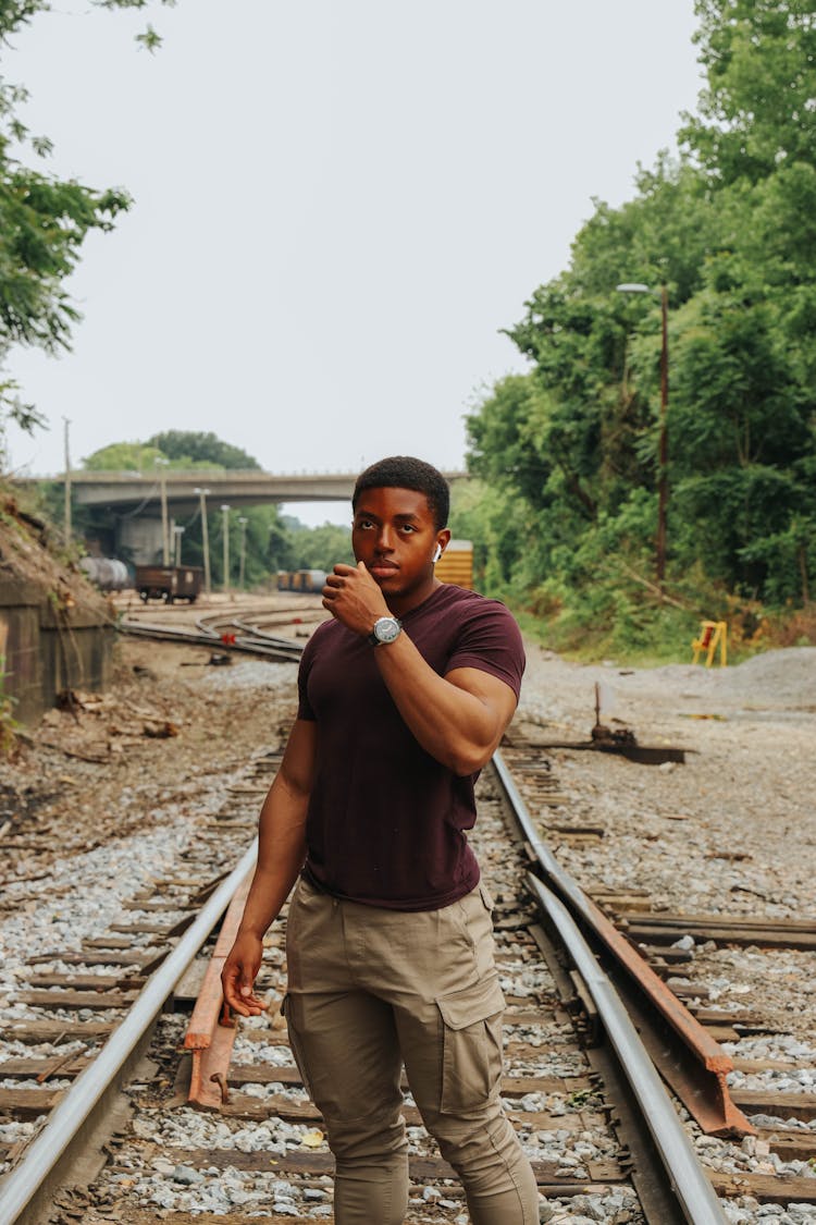 Serious African American Man On Old Railway