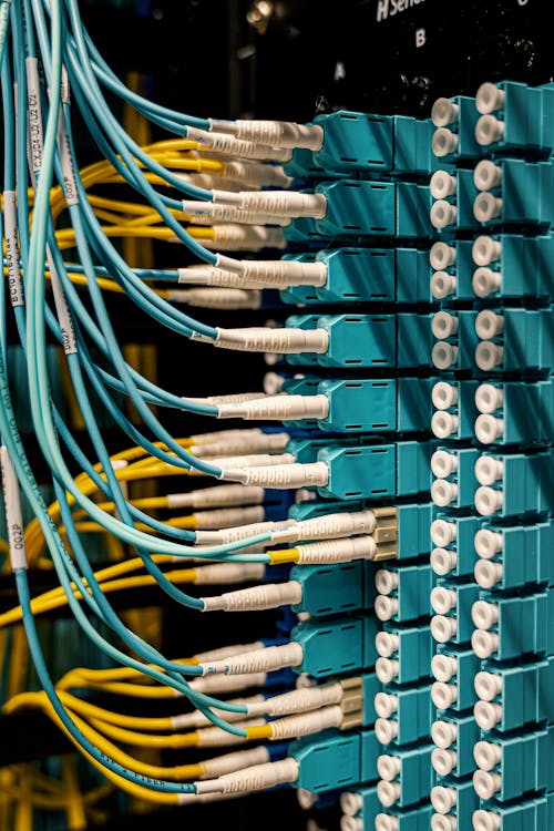 Cables connected to fiber optic switch in building
