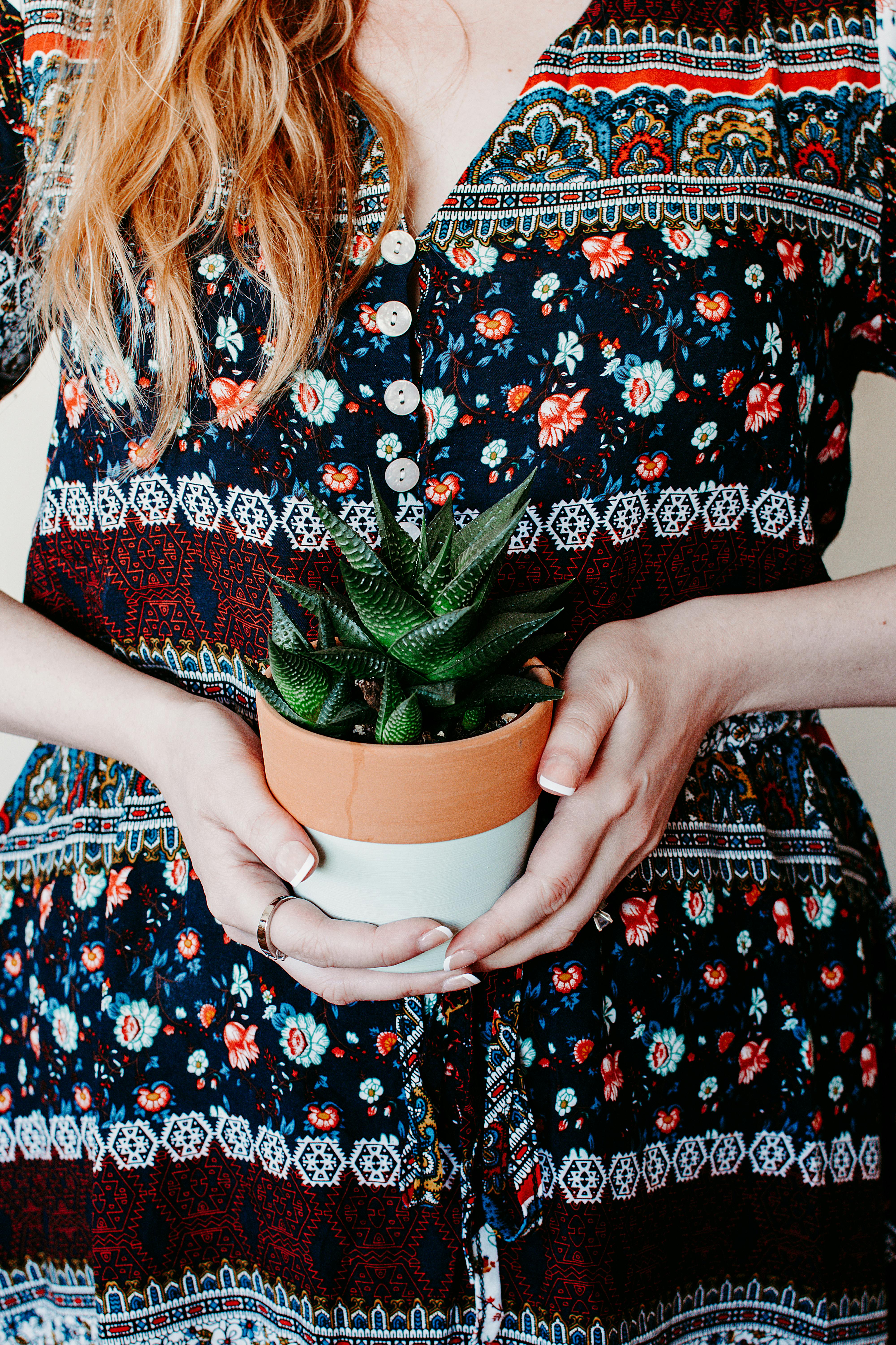 一位穿着花卉连衣裙的女子，手捧一盆背景带有图案设计的多肉植物