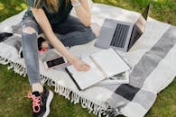 上图中，一名身穿休闲装的匿名女学生坐在绿色公园的草坪上，身下铺着温暖的毯子，她拿着智能手机和笔记本电脑，正在计划书上写作